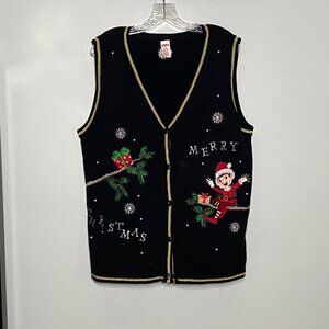 Womens XL Christmas Sweater Vest Holiday Time Black Merry Christmas Elf Design